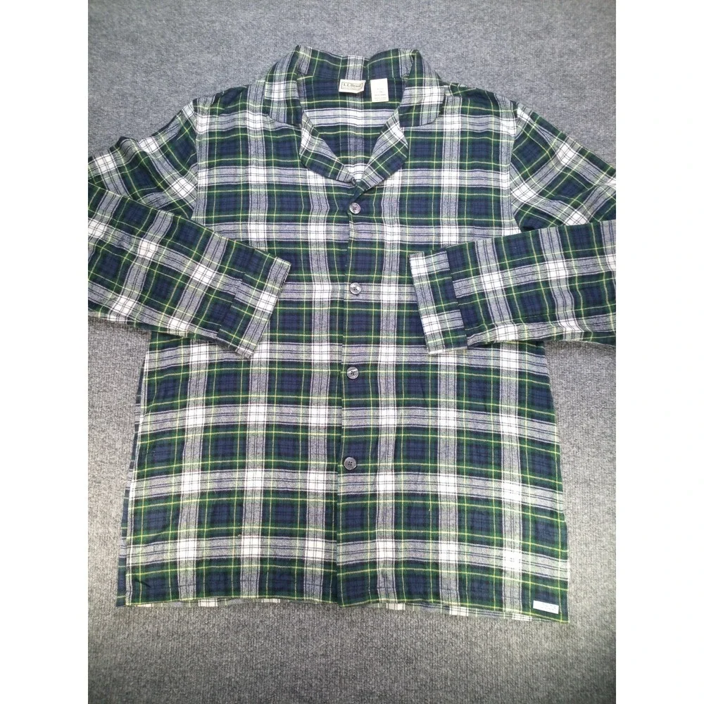 L.L.Bean Men's Large Tall Scotch Plaid Flannel Pajama Shirt Green Blue Cotton